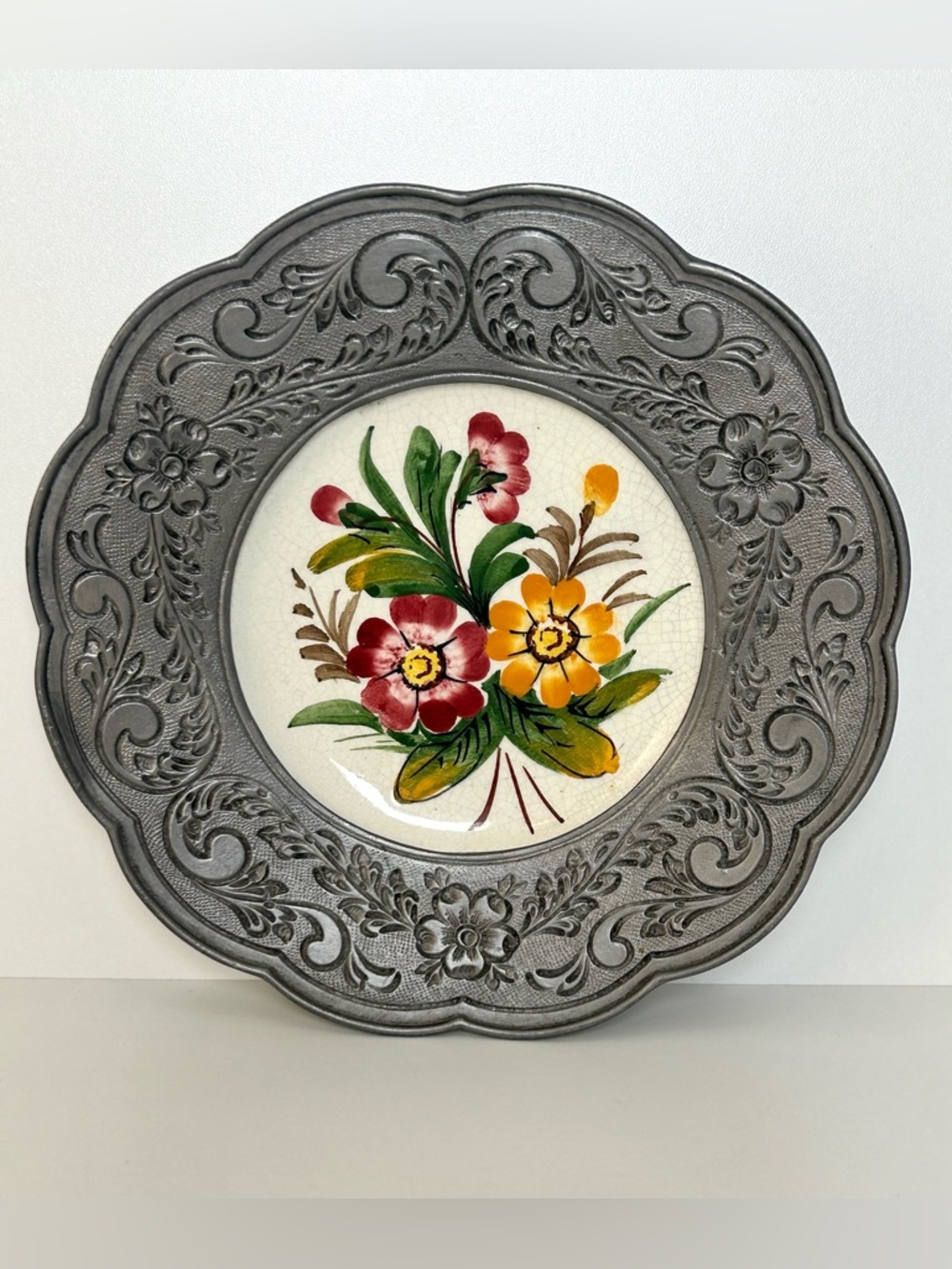 Decorative French Faience Floral Ceramic Plate with Ornate Pewter-Tone Frame